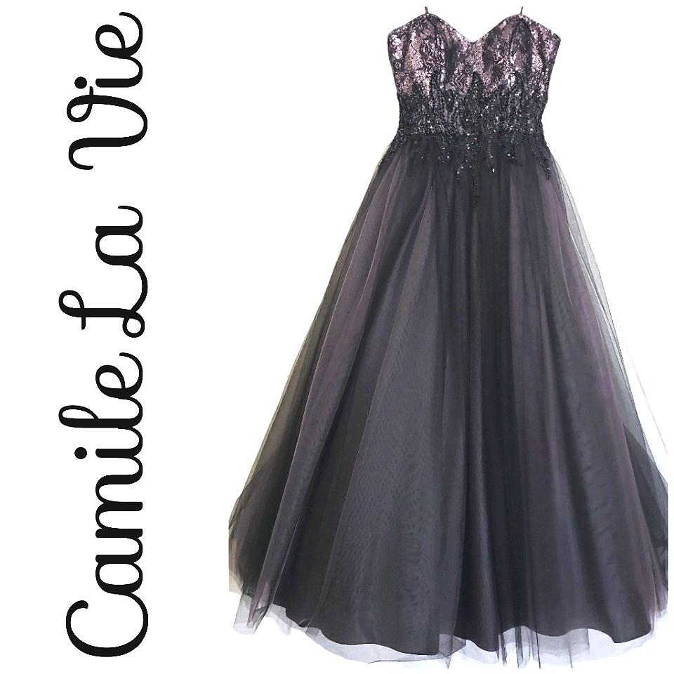 Nwot Camile La Vie Strapless Sweetheart Black Tulle/Lavender Sequin Evening Gown